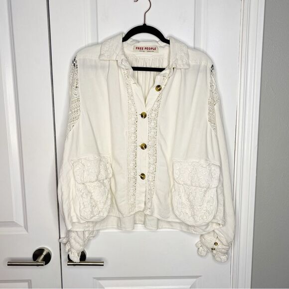 Free People Louisa shirt jacket cream Size XS Linen Blend Lace oversized - Picture 5 of 12